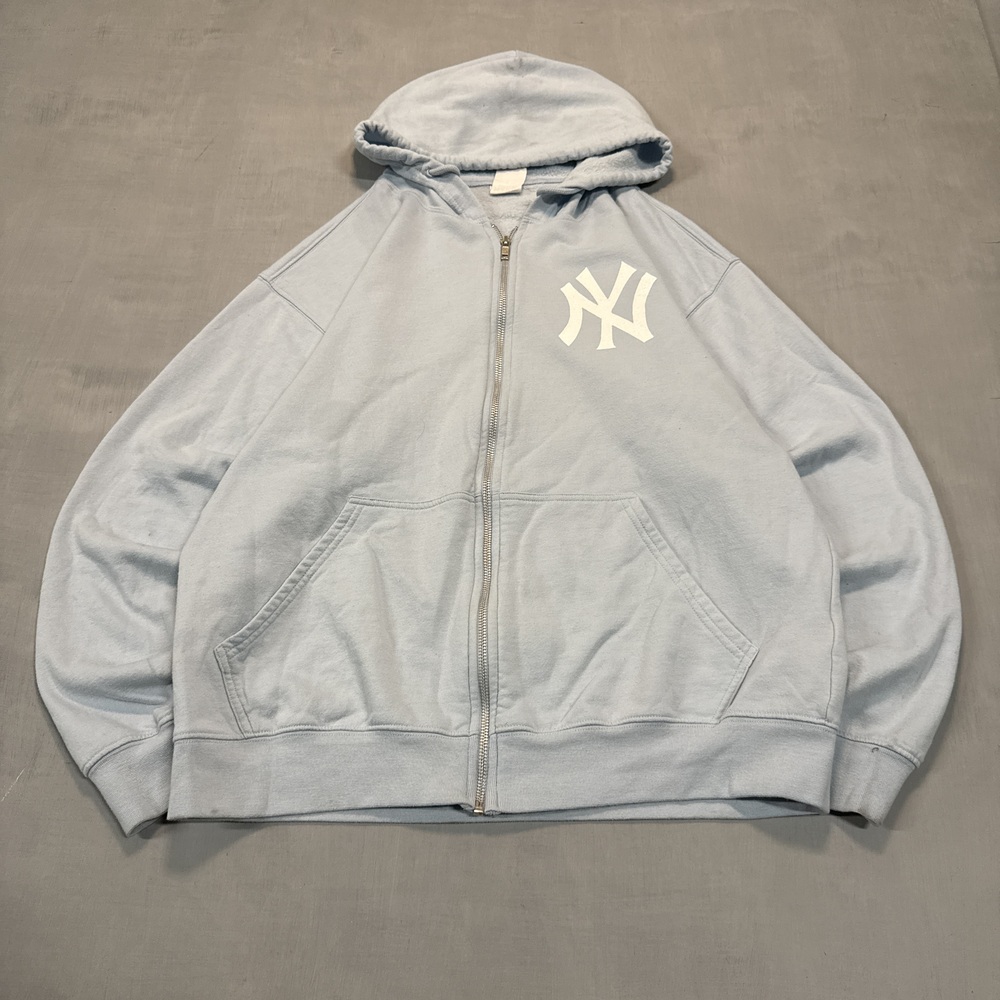 Printed MAKE Market Men's zip-up hoodie Y2K Blue Size L